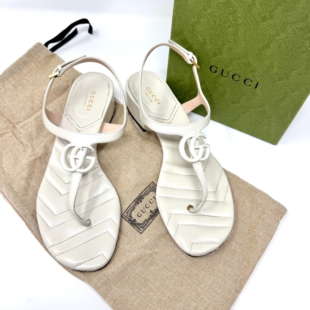 Gucci GG Marmont Mystic White Leather Double G Thong Matelassé Chevron Sandals